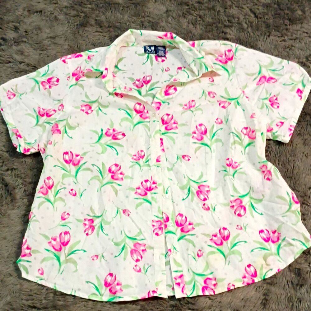 Mirage White Pink Green Floral Cotton Blend Woven Short Sleeve Button-Up 2X